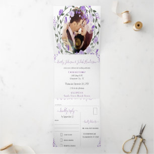 Elegant Purple Peony Floral Wedding  Tri-Fold Invi