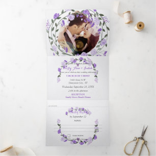 Elegant Purple Peony Floral Wedding  Tri-Fold Invitation