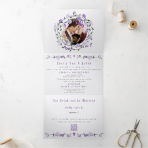 Elegant Purple Peony Floral Wedding  Tri-Fold  Invitation