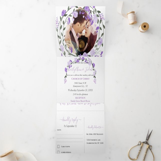 Elegant Purple Peony Floral Wedding  Tri-Fold  Invitation (Inside)