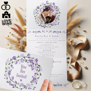 Elegant Purple Peony Floral Wedding Tri-Fold Invitation