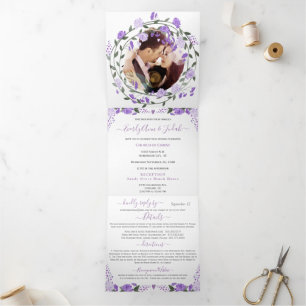 Elegant Purple Peony Floral Wedding Tri-Fold Photo