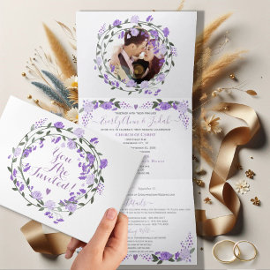 Elegant Purple Peony Floral Wedding Tri-Fold Photo Invitation