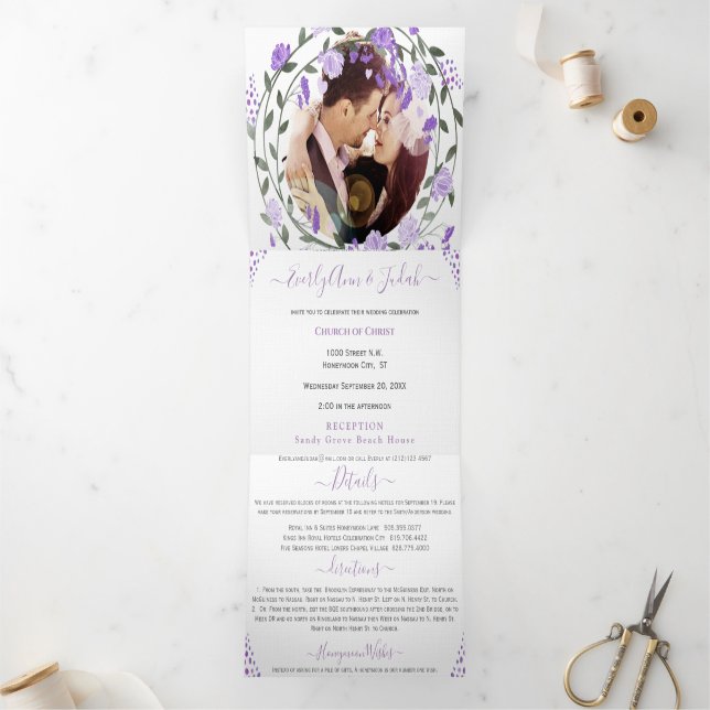 Elegant Purple Peony Floral Wedding Tri-Fold Photo Invitation (Inside)
