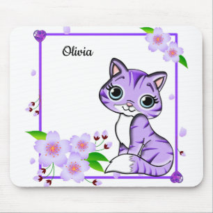 Elegant Purple Peony Flower And Purple Cute Cat Mo Mouse Pad