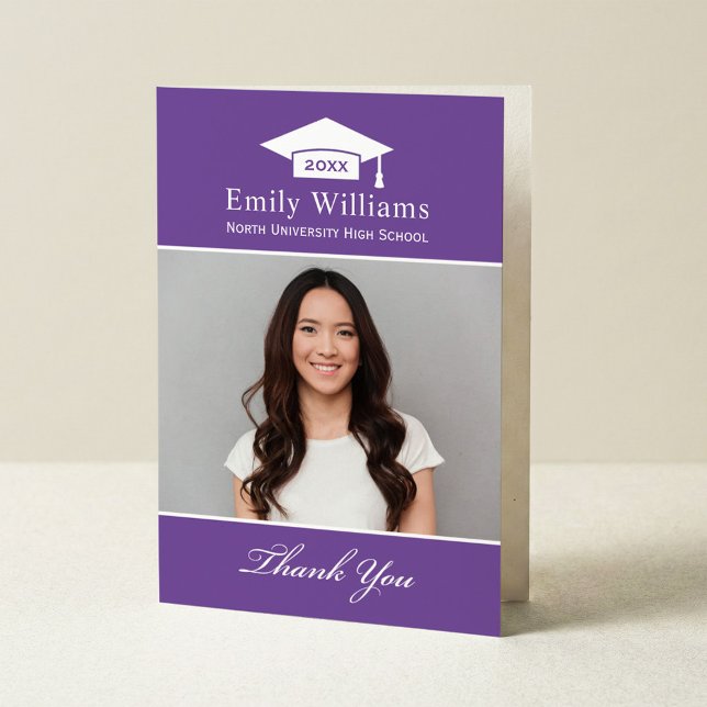 Elegant Purple Personalised Graduation Photo Thank You Card (Creator Uploaded)