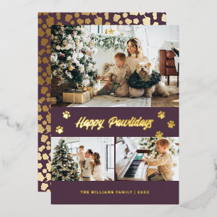 Elegant Purple Photo Happy Pawlidays Gold Foil Holiday Card