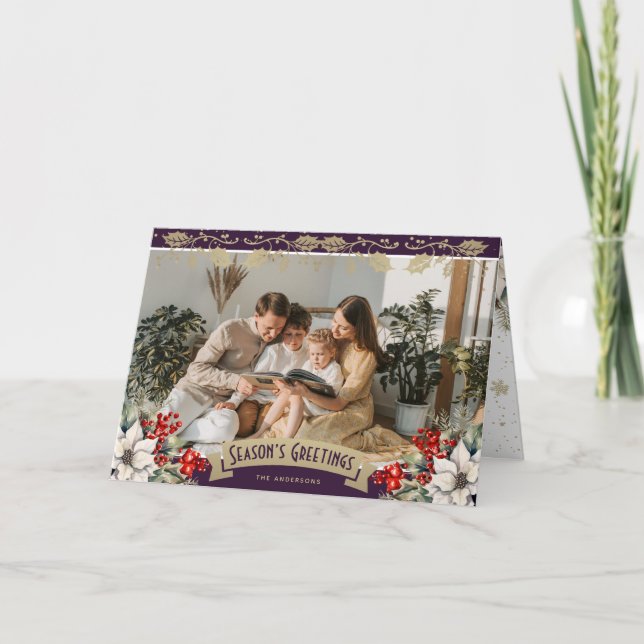 Elegant Purple Photo Holly Red Berries Poinsettia Card (Front)