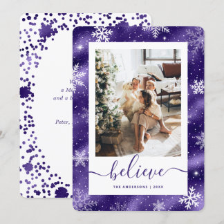 Elegant Purple Photo Snowflake Holiday Card