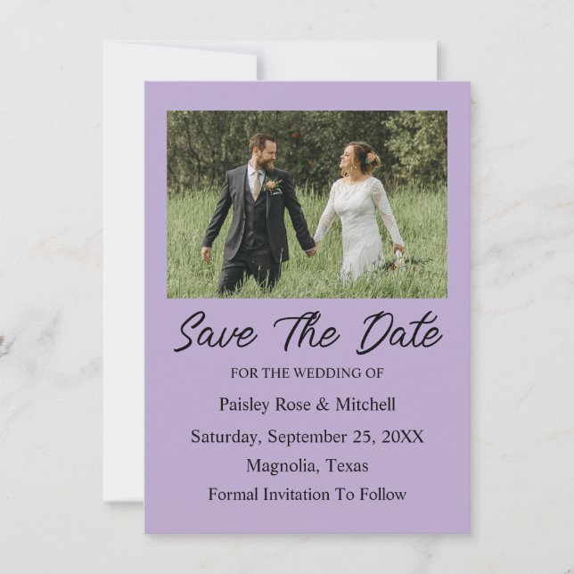 Elegant Purple Photo Wedding Save The Date Card (Front)
