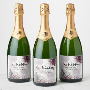 Elegant purple, pink, and maroon floral sparkling wine label