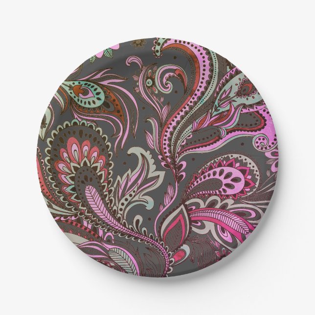 Elegant Purple Pink Brown Black Paisley Pattern Paper Plate (Front)