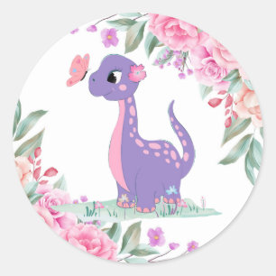 Elegant Purple Pink Dinosaur Butterfly Baby Shower Classic Round Sticker