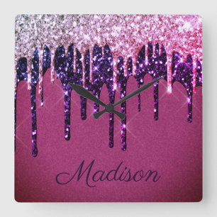 Elegant Purple Pink Dripping Glitter Monogram Square Wall Clock