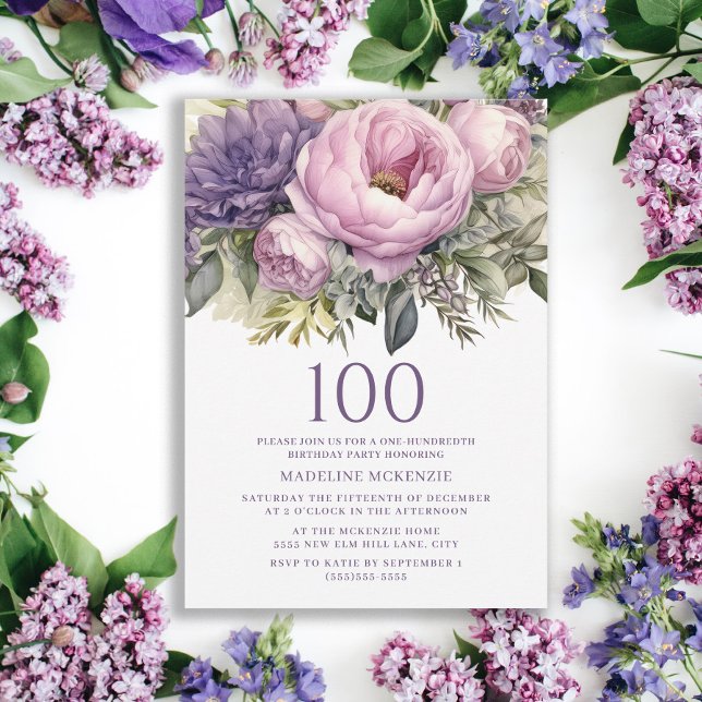 Elegant Purple Pink Floral 100th Birthday Invitation (Purple floral 100th birthday party invitation)