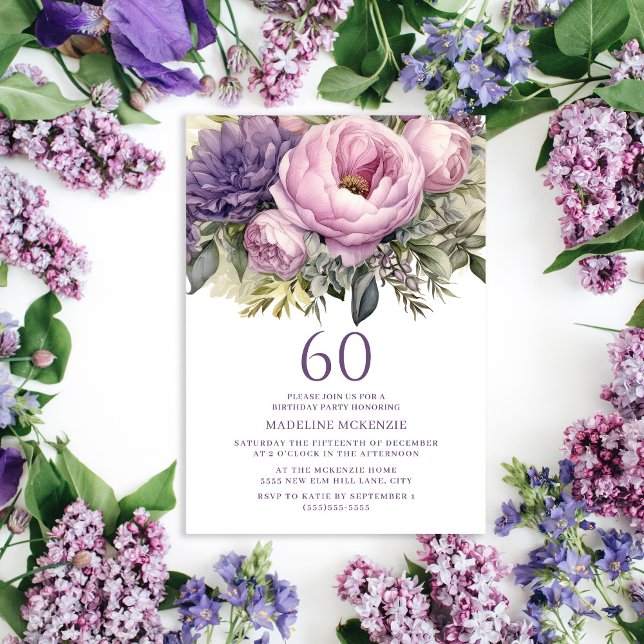 Elegant Purple Pink Floral 60th Birthday Invitation (Purple peonies women's 60th birthday party invitation. Customizable for any age.)