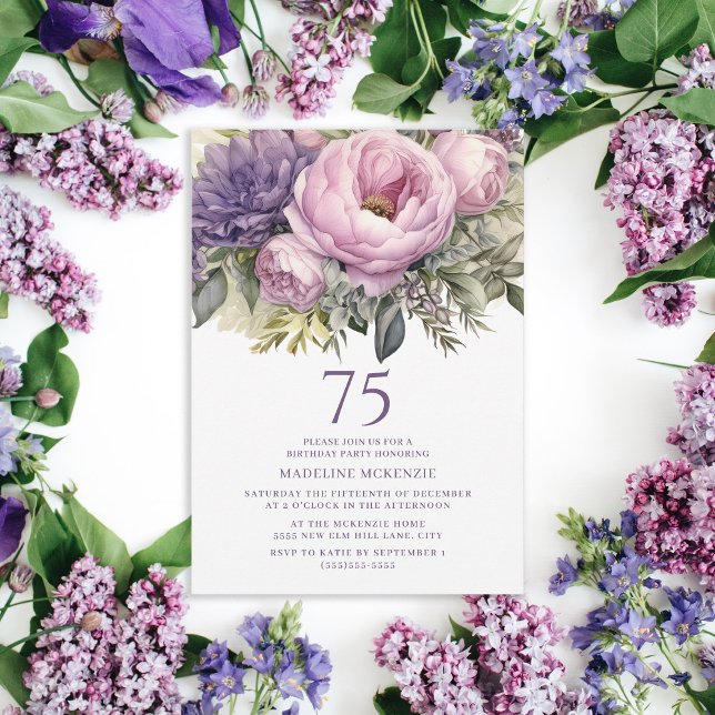 Elegant Purple Pink Floral 75th Birthday Invitation (Elegant purple floral and greenery 75th birthday party invitation for women.)