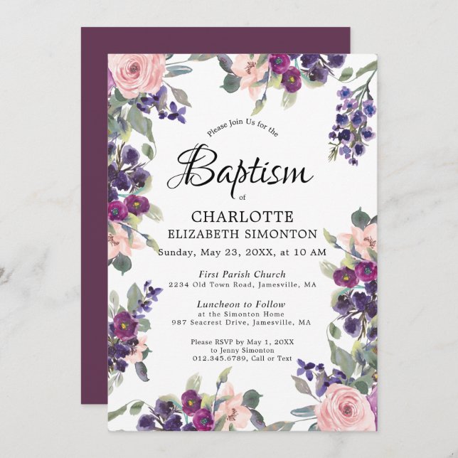 Elegant Purple Pink Floral Baptism Invitation (Front/Back)