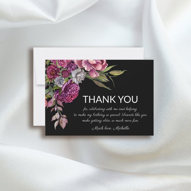 Elegant Purple Pink Floral Black Birthday  Thank You Card (Creator Uploaded)