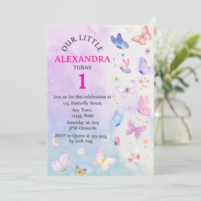 Elegant Purple Pink Floral Butterfly Birthday  Invitation (Standing Front)