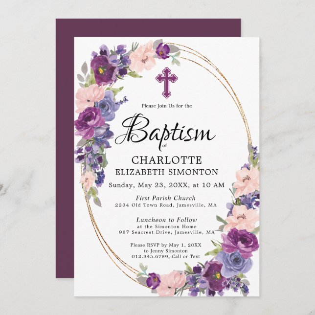 Elegant Purple Pink Floral Gold Frame Baptism Invitation (Front/Back)