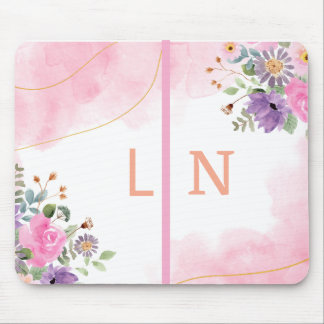 Elegant Purple Pink Floral Monogram Initial Journa Mouse Pad