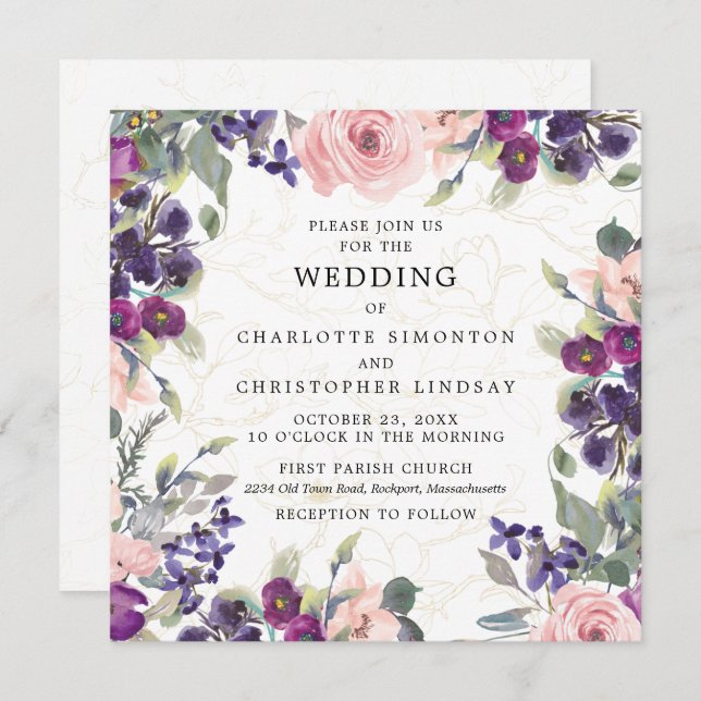 Elegant Purple Pink Floral Square Wedding Invitation (Front/Back)