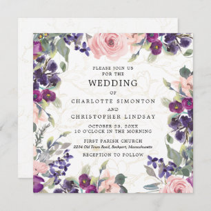 Elegant Purple Pink Floral Square Wedding Invitation
