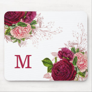 Elegant Purple Pink Floral White Monogram Mouse Pad