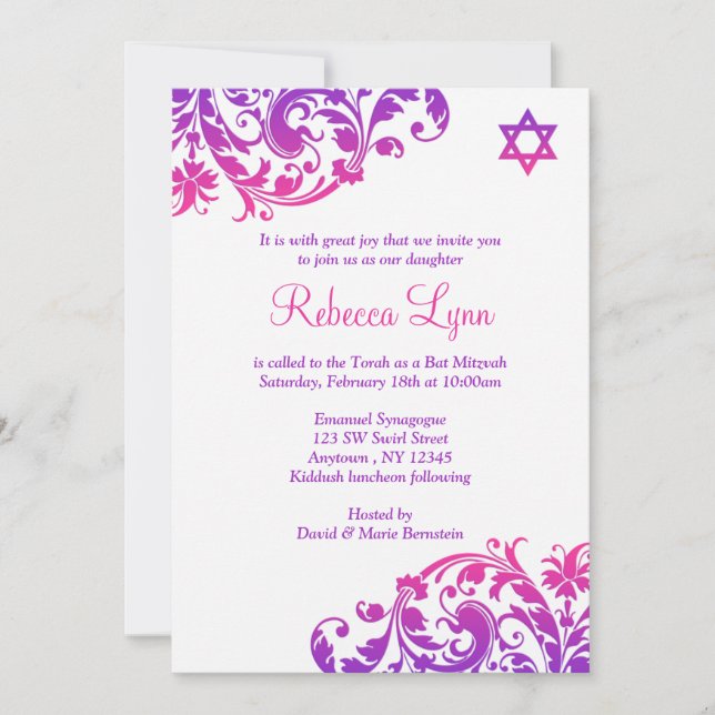 Elegant Purple Pink Flourish Bat Mitzvah Invitation (Front)