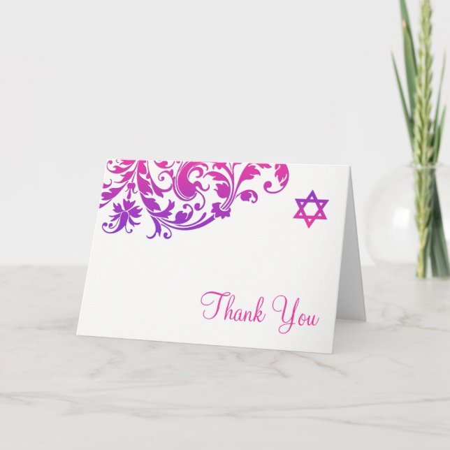 Elegant Purple Pink Flourish Bat Mitzvah Thank You Card (Front)