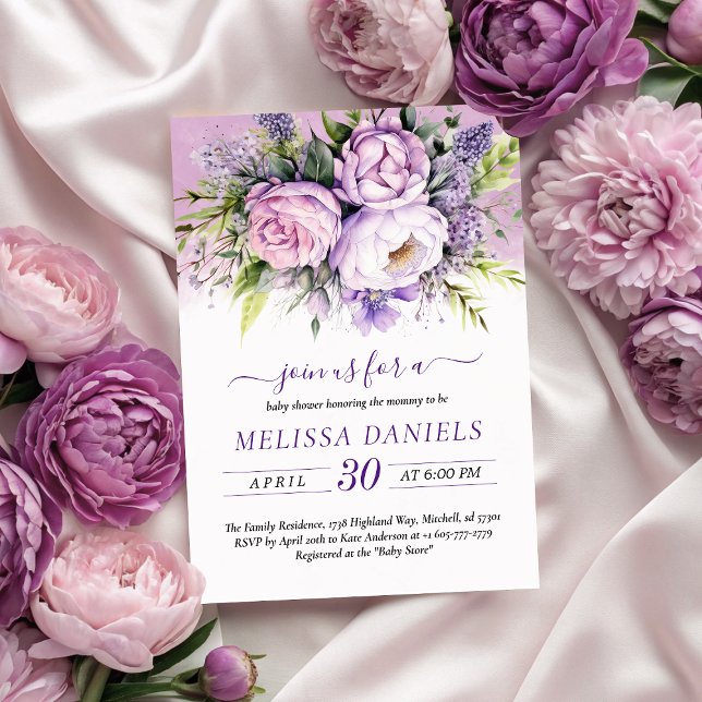 Elegant Purple & Pink Garden Flowers Baby Shower Invitation (Elegant Purple & Pink Garden Flowers Baby Shower Invitation)