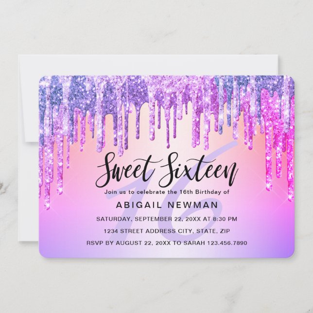 Elegant purple & pink glitter drips sweet sixteen invitation (Front)