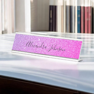 Elegant Purple Pink Glitter Sparkle Modern Desk Name Plate
