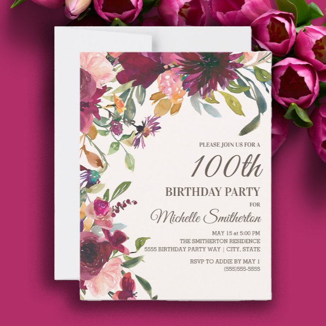Elegant Purple Pink Gold Floral 100th Birthday Invitation (Burgundy and pink watercolor floral 100th birthday party invitation.)