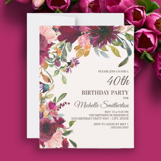 Elegant Purple Pink Gold Floral 40TH Birthday Invitation (Burgundy and pink watercolor floral 40th birthday party invitation)