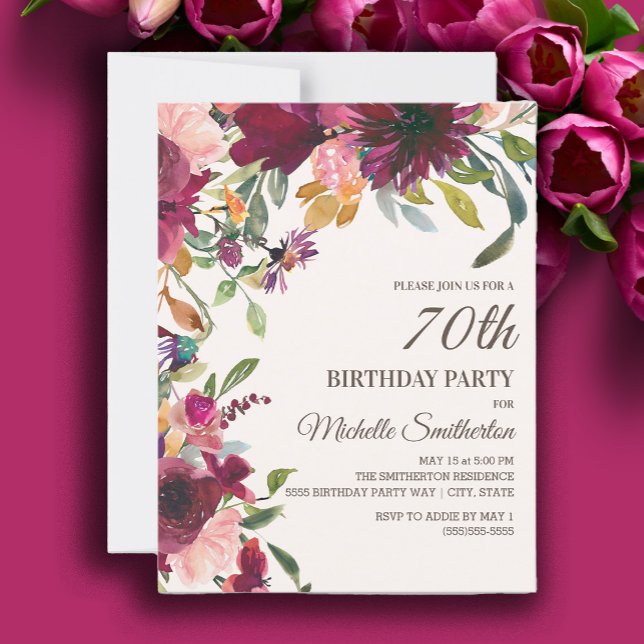 Elegant Purple Pink Gold Floral 70th Birthday Invitation (Burgundy and pink watercolor floral 70th birthday party invitation)