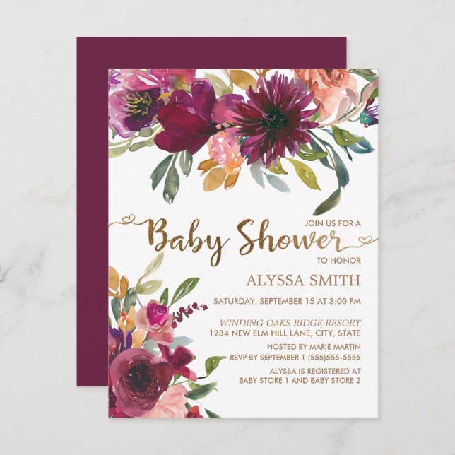 Elegant Purple Pink Gold Floral Script Baby Shower Invitation (Front/Back)