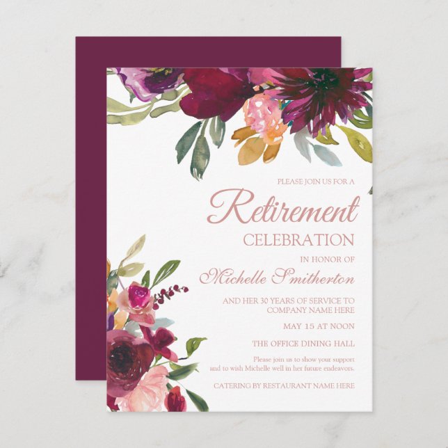 Elegant Purple Pink Gold Floral Script Retirement Invitation (Front/Back)