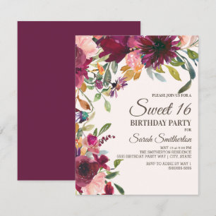 Elegant Purple Pink Gold Floral Script Sweet 16 Invitation