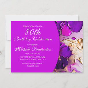 Elegant Purple Pink Gold Flowers 80th Birthday Invitation
