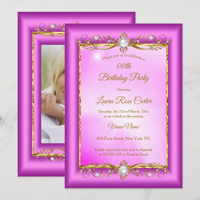Elegant purple pink Gold photo Birthday Party Invitation (Front/Back)