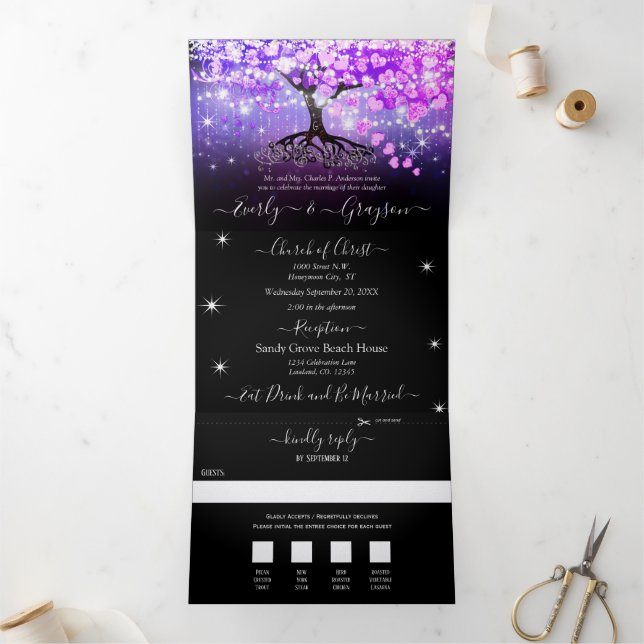 Elegant Purple Pink Heart Leaf  Tree Wedding Tri-Fold Invitation (Inside)