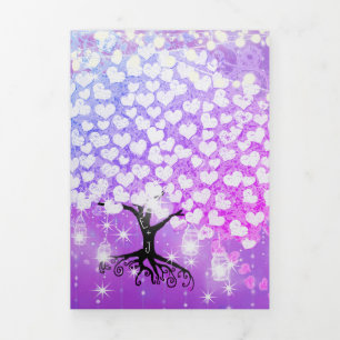 Elegant Purple Pink Heart Leaf Wedding Tri-Fold Invitation