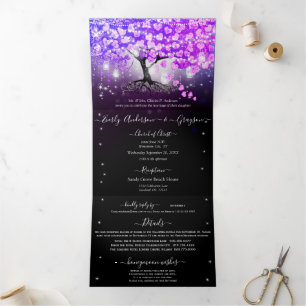 Elegant Purple Pink Heart Leaf Wedding Tri-Fold Invitation