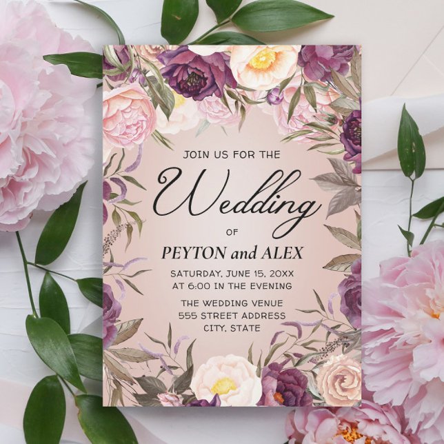 Elegant Purple Pink Peonies Wedding Floral  Invitation (Creator Uploaded)