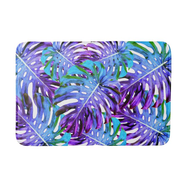 Elegant Purple Pink Tropical Leaf Pattern Bath Mat (Front)