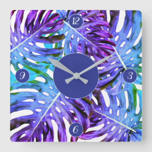 Elegant Purple Pink Tropical Leaf Pattern Square Wall Clock