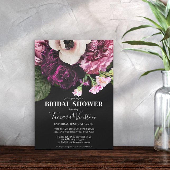 Elegant Purple Pink White Black Floral Shower Invitation (Creator Uploaded)