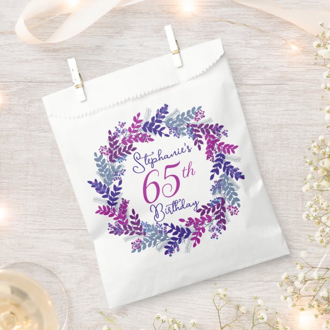 Elegant Purple Pink Wreath 65th Birthday Favour Bag (Clipped)